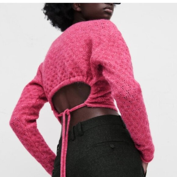 Zara Sweaters - Zara Open Back Knit Pink Sweater Tie Back, Size Small